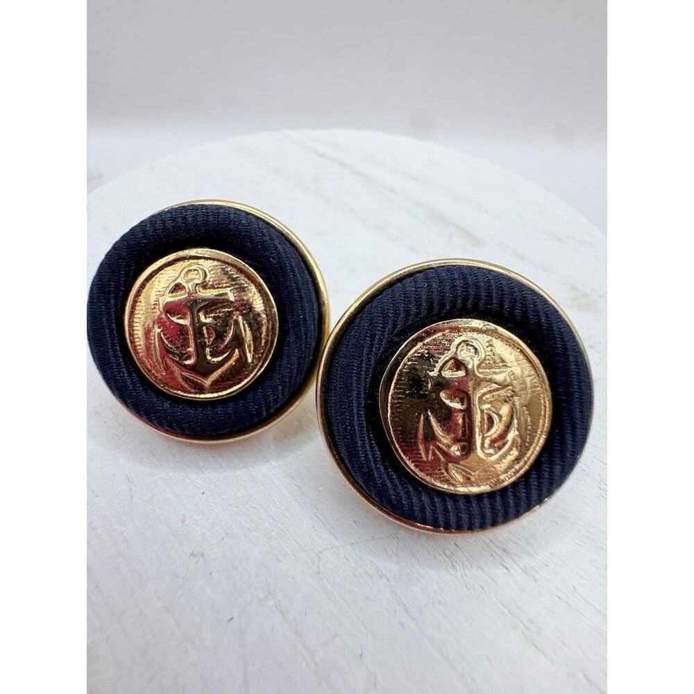 Vtg Nautical Anchors Button Stud Earrings Gold Tone Navy Blue Coastal Old Money